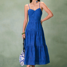 Load image into Gallery viewer, Sweetheart Neck Embroidery Tiered Spaghetti‑Strap Midi Dress