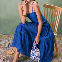 Load image into Gallery viewer, Sweetheart Neck Embroidery Tiered Spaghetti‑Strap Midi Dress