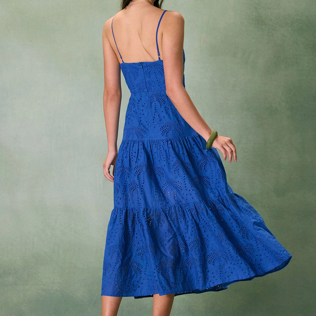 Sweetheart Neck Embroidery Tiered Spaghetti‑Strap Midi Dress