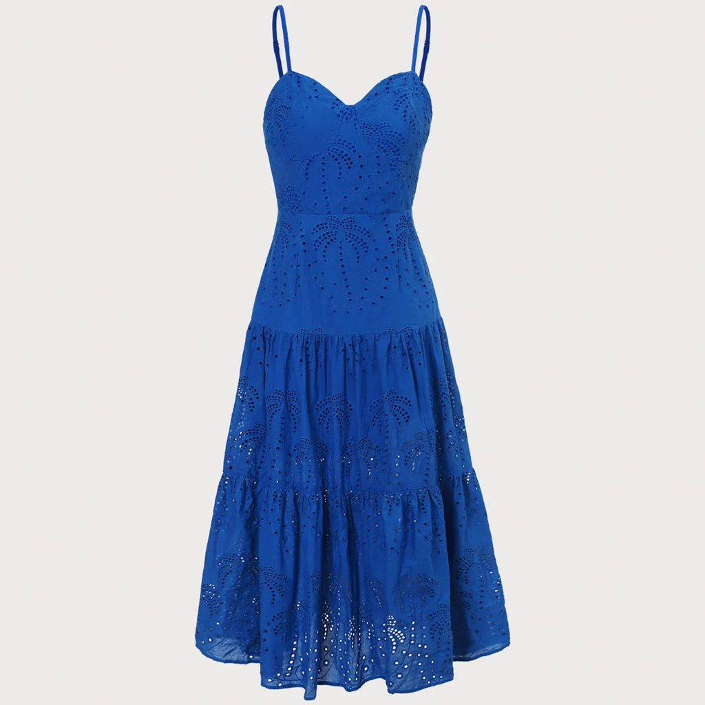 Sweetheart Neck Embroidery Tiered Spaghetti‑Strap Midi Dress
