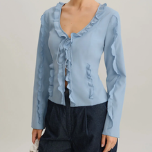 Load image into Gallery viewer, Blue Ruffled V‑Neck Tie‑Front Button Long‑Sleeve Blouse