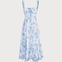 Load image into Gallery viewer, Square‑Neck Floral Ruched Slit Midi Dress
