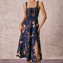Load image into Gallery viewer, Square Neck Lace‑Up Floral Ruched A‑Line Midi Dress