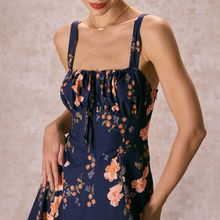 Load image into Gallery viewer, Square Neck Lace‑Up Floral Ruched A‑Line Midi Dress