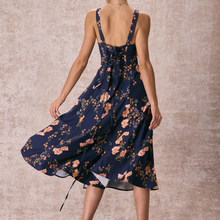 Load image into Gallery viewer, Square Neck Lace‑Up Floral Ruched A‑Line Midi Dress