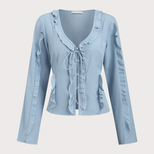 Load image into Gallery viewer, Blue Ruffled V‑Neck Tie‑Front Button Long‑Sleeve Blouse