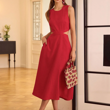 Load image into Gallery viewer, Round‑Neck Sleeveless Side Cut‑Out Tie‑Back Midi Dress