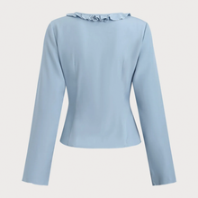 Load image into Gallery viewer, Blue Ruffled V‑Neck Tie‑Front Button Long‑Sleeve Blouse