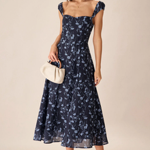 Load image into Gallery viewer, Navy Sweetheart Neck Cap‑Sleeve Navy Floral Midi Dress