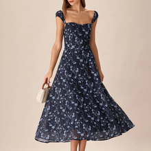 Load image into Gallery viewer, Navy Sweetheart Neck Cap‑Sleeve Navy Floral Midi Dress