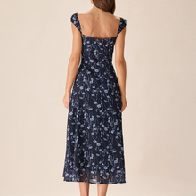 Load image into Gallery viewer, Navy Sweetheart Neck Cap‑Sleeve Navy Floral Midi Dress