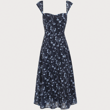 Load image into Gallery viewer, Navy Sweetheart Neck Cap‑Sleeve Navy Floral Midi Dress