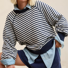 Load image into Gallery viewer, Classic‑Length Striped Raglan Crew Neck Fleece Sweatshirt