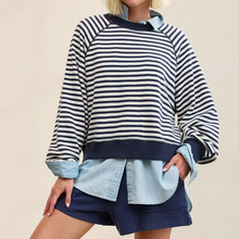 Load image into Gallery viewer, Classic‑Length Striped Raglan Crew Neck Fleece Sweatshirt