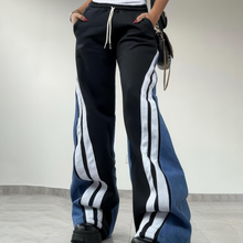 Load image into Gallery viewer, Striped Patchwork Drawstring Wide‑Leg Twill Trousers