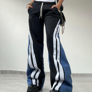 Striped Patchwork Drawstring Wide‑Leg Twill Trousers